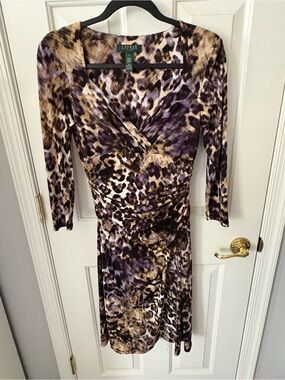 Lauren Ralph Lauren Purple and Brown Animal Print Ruched Wrap Dress